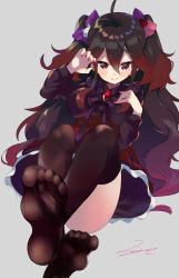 Rule 34 | absurdres, ahoge, black dress, black thighhighs, bow, breasts, brown hair, claw pose, clenched teeth, curly hair, dark fuu, dress, feet, foot focus, frilled dress, frills, gradient hair, grey background, hair between eyes, hair bow, hand on own chest, hands up, highres, large breasts, legs, light blush, long hair, long sleeves, looking at viewer, multicolored hair, nail polish, no shoes, red eyes, red hair, red nails, see-through, see-through legwear, sidelocks, signature, simple background, slit pupils, smile, soles, teeth, thighhighs, thighs, toes, twintails, virtual youtuber, yoruno tobari