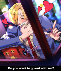 Rule 34 | 1boy, belt, blue jacket, blush, buttons, cigarette, closed eyes, collared shirt, commentary, den den mushi, english commentary, english text, facial hair, formal, hair over one eye, hands up, heart, holding, holding phone, jacket, long sleeves, mouth hold, necktie, one piece, open mouth, pants, phone, phone booth, red necktie, rita ya, sanji (one piece), shirt, short hair, smile, solo, striped clothes, striped shirt, talking on phone