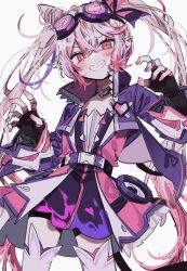Rule 34 | 1girl, 3j dangan, bandaid, bandaid on hand, bike shorts, black gloves, black shorts, blush, claw pose, cone hair bun, dress, elsword, fang, gloves, grin, hair bun, heart o-ring, highres, jacket, laby (elsword), looking at viewer, multicolored hair, multicolored nails, pink eyes, pink hair, pointy ears, purple dress, purple jacket, shorts, smile, solo, streaked hair, thighhighs, twins picaro (elsword), twintails, white thighhighs