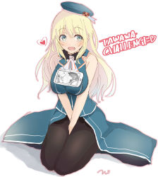 Rule 34 | 10s, 1girl, atago (kancolle), bad id, bad pixiv id, bare shoulders, beret, between legs, black pantyhose, blonde hair, blue eyes, breasts, commentary request, english text, eyebrows, full body, hand between legs, hat, heart, highres, kantai collection, large breasts, long hair, looking at viewer, object on breast, open mouth, pantyhose, seiza, simple background, sitting, solo, tawawa challenge, tebi (tbd11), white background