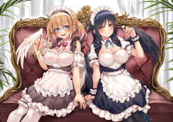 Rule 34 | 2girls, absurdres, apron, blonde hair, blue eyes, blue ribbon, bow, breasts, cleavage, couch, dress, feathered wings, hachiroku (hatirokusann86), highres, indoors, long hair, maid, maid apron, maid headdress, medium breasts, mimikaki, multiple girls, original, pink bow, ribbon, short twintails, sitting, smile, twintails, wings, yellow eyes