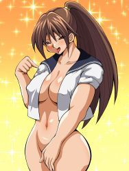 Rule 34 | 00s, 1girl, blush, bottomless, breasts, brown eyes, brown hair, cleavage, covered erect nipples, covering privates, covering crotch, eyes visible through hair, gradient background, half-closed eyes, highres, ichigo 100 percent, inabakun00, kitaooji satsuki, large breasts, long hair, looking at viewer, navel, no bra, open mouth, pointing, ponytail, simple background, smile, solo, sparkle, sparkle background, standing, tongue, tongue out