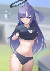 Rule 34 | 1girl, afe., black shirt, blue archive, blue buruma, blurry, blurry background, blush, breasts, buruma, clothes lift, commentary request, drone, half updo, halo, highres, lanyard, lifting own clothes, long hair, looking at viewer, medium breasts, navel, partial commentary, ponytail, purple eyes, purple hair, shirt, shirt lift, solo, sweatdrop, underboob, very long hair, yuuka (blue archive), yuuka (track) (blue archive)