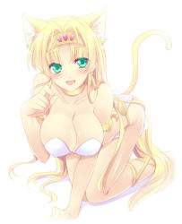 Rule 34 | 1girl, all fours, animal ears, armband, blonde hair, blush, breasts, cat ears, cat tail, claire (hihouden), cleavage, full body, green eyes, hair intakes, hairband, hihouden, jewelry, kemonomimi mode, large breasts, long hair, lots of jewelry, paw pose, smile, solo, tail, tokinon, white background