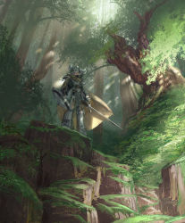 Rule 34 | 1girl, armor, armored boots, bad id, bad pixiv id, boots, breastplate, cape, day, fake horns, forest, greaves, green eyes, helmet, highres, holding, holding sword, holding weapon, horned helmet, leaf, left-handed, looking at viewer, moss, nature, open mouth, original, outdoors, pauldrons, rock, scenery, shichigatsu, shield, shoulder armor, solo, standing, sword, tree, weapon, yellow cape