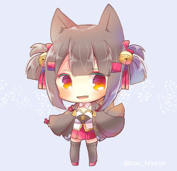 Rule 34 | 1girl, :d, akagi-chan (azur lane), animal ears, azur lane, bell, black hair, black kimono, black thighhighs, blue background, blush, chibi, collar, detached collar, fang, fox ears, fox girl, fox tail, full body, hair bell, hair ornament, hair ribbon, japanese clothes, jingle bell, kimono, kitsune, kou hiyoyo, long sleeves, looking at viewer, lowres, open clothes, open kimono, open mouth, pleated skirt, red eyes, red footwear, red ribbon, red skirt, ribbon, short twintails, sidelocks, skirt, sleeves past fingers, sleeves past wrists, smile, solo, standing, strapless, tail, thighhighs, twintails, twitter username, white collar, wide sleeves
