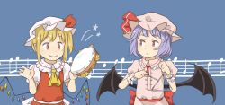 Rule 34 | 2girls, :&lt;, bat wings, beamed quavers, blonde hair, blue hair, chi-kun (seedyoulater), chii-kun (seedyoulater), fangs, flandre scarlet, hat, instrument, multiple girls, musical note, quaver, red eyes, remilia scarlet, side ponytail, smile, tambourine, touhou, triangle, vampire, wings
