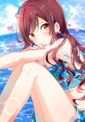 Rule 34 | 1girl, artist name, bikini, blush, breasts, brown hair, cleavage, cloud, cloudy sky, day, earrings, frilled bikini, frills, hair ribbon, hand on own arm, heart, highres, hugging own legs, idolmaster, idolmaster shiny colors, jewelry, long hair, looking at viewer, medium breasts, ocean, osaki amana, parted lips, pink nails, pipi o (pipioo08), ribbon, sky, solo, sunlight, swimsuit, yellow eyes