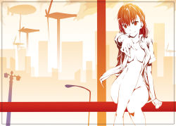 Rule 34 | 00s, 1girl, aircraft, barefoot, bottomless, breasts, building, censored, cityscape, convenient censoring, convenient leg, dirigible, foreshortening, hair ornament, hairclip, ken-1, looking at viewer, medium breasts, misaka mikoto, monochrome, naked shirt, no bra, open clothes, open shirt, outdoors, outstretched arm, pointing, pointing at viewer, shirt, short hair, sitting, smile, solo, spot color, toaru majutsu no index, wind turbine, windmill