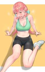 Rule 34 | 1girl, akashi (kancolle), arm support, breasts, cleavage, collarbone, exhausted, green sports bra, hair between eyes, hair ribbon, highres, kantai collection, large breasts, long hair, navel, open mouth, pink hair, ribbon, simple background, sitting, solo, sports bra, sportswear, sweat, tress ribbon, yuuji (and)