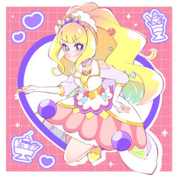 Rule 34 | 1girl, back bow, big hair, blonde hair, blue eyes, blunt bangs, bow, bridal gauntlets, bright pupils, closed mouth, commentary, cure finale, delicious party precure, detached collar, gloves, hair ornament, highres, jacket, kasai amane, kneeling, long hair, long sleeves, looking at viewer, magical girl, meranoreuka (pandapaca), parfait, precure, purple headwear, smile, solo, standing, tiara, white bow, white gloves, white jacket, white pupils