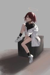 Rule 34 | 1girl, arknights, between legs, black shirt, black shorts, black socks, cube, de4d fish, exusiai (arknights), grey background, hair over one eye, halo, hand between legs, highres, jacket, looking at viewer, open clothes, open jacket, red eyes, red hair, shirt, short hair, shorts, simple background, sitting, smile, socks, solo, white footwear, white jacket