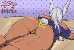 1girl animal_ears artist_collaboration artist_name ass ass_focus bare_shoulders boku_no_hero_academia clothing_cutout colorized commentary dark-skinned_female dark_skin english_commentary facing_away from_behind highres long_eyelashes long_hair lying micro_shorts mirko mirkosimps off_shoulder on_stomach parallaxfused print_background purple_background purple_shirt rabbit_ears rabbit_girl rabbit_tail shirt shorts solo tail tail_through_clothes thick_thighs thighs toned toned_female twitter_username white_hair yellow_shorts