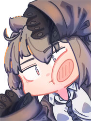 Rule 34 | 1girl, against fourth wall, against glass, ahoge, black gloves, brown jacket, cheek squash, chibi, closed mouth, collar, collared shirt, girls&#039; frontline, gloves, grey hair, hexaa, highres, jacket, looking at viewer, m200 (girls&#039; frontline), purple eyes, shirt, simple background, solo, white background, white shirt