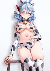 Rule 34 | 1girl, ako (blue archive), alternate costume, animal ears, animal print, arm support, bare shoulders, bell, bikini, blue archive, blue eyes, blue hair, blush, breasts, chair, cleavage, closed mouth, collarbone, cow ears, cow girl, cow horns, cow print, cow print bikini, cowbell, cowboy shot, earrings, elbow gloves, fake animal ears, fingerless gloves, gloves, hair between eyes, hair ornament, hairband, halo, highres, horns, jewelry, large breasts, long hair, looking at viewer, name tag, navel, neck bell, picter, print bikini, sidelocks, simple background, sitting, stomach, stud earrings, swimsuit, thighhighs
