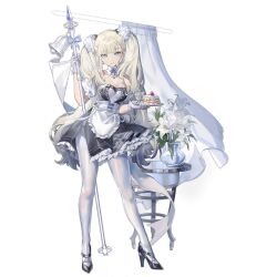 Rule 34 | 1girl, a-545 (girls&#039; frontline), a-545 (knight of the lily) (girls&#039; frontline), apron, bare shoulders, bell, black dress, black footwear, blonde hair, blue eyes, breasts, cake, cake slice, cleavage, closed mouth, collar, cup, curtains, detached collar, detached sleeves, dress, earrings, flower, food, full body, girls&#039; frontline, gloves, high heels, highres, holding, holding polearm, holding tray, holding weapon, jewelry, large breasts, light smile, lily (flower), long hair, looking at viewer, maid, maid apron, messikid, official alternate costume, official art, pantyhose, pearl earrings, polearm, puffy detached sleeves, puffy sleeves, simple background, solo, standing, table, third-party source, transparent background, tray, twintails, vase, weapon, white apron, white collar, white gloves, white pantyhose, white sleeves
