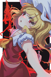 Rule 34 | 1girl, ascot, blonde hair, collarbone, cowboy shot, dark background, flandre scarlet, frilled sleeves, frills, from side, hat, hat ribbon, highres, leaning back, long hair, looking at viewer, looking to the side, mob cap, open mouth, puffy short sleeves, puffy sleeves, red eyes, red ribbon, red skirt, ribbon, short sleeves, side ponytail, skirt, solo, suzakushi, touhou, white hat, wings, yellow ascot