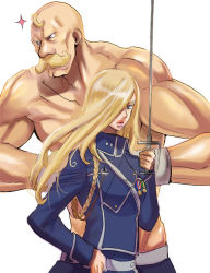 Rule 34 | 00s, 1boy, 1girl, aiguillette, alex louis armstrong, blonde hair, blue eyes, brother and sister, facial hair, fullmetal alchemist, hair over one eye, masakikazuyoshi, military, military uniform, muscular, mustache, olivier mira armstrong, siblings, sparkle, sword, uniform, weapon