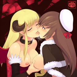 Rule 34 | 2girls, blonde hair, blush, grabbing another&#039;s breast, breasts, breasts out, brown cape, brown dress, brown hair, brown sleeves, cape, closed eyes, commentary request, curled horns, demon girl, demon wings, detached sleeves, dress, fireflysnow, french kiss, fur-trimmed cape, fur-trimmed sleeves, fur trim, grabbing, hair between eyes, hat, high wizard (ragnarok online), horns, kiss, large breasts, long hair, looking at another, multiple girls, nipples, open mouth, ragnarok online, red dress, red eyes, red wings, sailor hat, saliva, strapless, strapless dress, succubus (ragnarok online), upper body, white headwear, wings, yuri