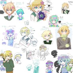 3boys ? alternate_costume annotation_request artist_collaboration artist_request basil_(faraway)_(omori) basil_(headspace)_(omori) basil_(omori) blonde_hair blue_eyes book camera closed_eyes closed_mouth collaboration_request collared_shirt flower green_eyes green_hair green_scarf green_shirt green_sweater_vest grin hair_flower hair_ornament highres holding holding_book holding_camera kato_(momota_rosan) multiple_boys okameeomo omori one_eye_closed open_mouth parted_lips partially_annotated scarf shirt short_hair short_sleeves smile something_(omori) speech_bubble spoken_question_mark stranger_(omori) sweater_vest t-shirt teeth upper_teeth_only white_background white_eyes white_shirt yuuabara