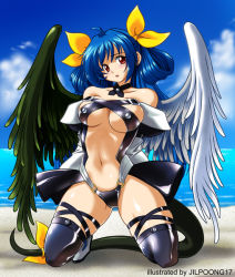 Rule 34 | 1girl, arc system works, asymmetrical wings, bare shoulders, beach, blue hair, breasts, choker, cloud, day, dizzy (guilty gear), guilty gear, jilpoong17, kneeling, large breasts, long hair, navel, outdoors, red eyes, ribbon, sky, solo, tail, tail ornament, tail ribbon, thighhighs, underboob, water, wings