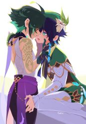Rule 34 | 2boys, androgynous, arm tattoo, bard, beret, black hair, blue hair, braid, cape, commentary, flower, frilled sleeves, frills, genshin impact, gloves, godlikeart, gradient hair, green cape, green eyes, green gloves, green shorts, hat, hat flower, highres, imminent kiss, male focus, multicolored hair, multiple boys, open mouth, short hair with long locks, shorts, side braids, symbol-only commentary, tattoo, trap, twin braids, venti (genshin impact), white flower, xiao (genshin impact), yaoi