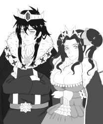 Rule 34 | 1boy, 1girl, absurdres, aged up, bad id, bad pixiv id, black hair, breasts, cape, cleavage, crown, dress, graannz, greyscale, highres, iwatani naofumi, king, large breasts, long hair, mature female, melty q melromarc, monochrome, queen, simple background, smile, tate no yuusha no nariagari, white background
