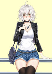Rule 34 | 1girl, :o, absurdres, against railing, ahoge, bag, belt, black belt, black choker, black jacket, black thighhighs, blue shorts, blush, breasts, chain, choker, cleavage, collarbone, contemporary, cowboy shot, cropped jacket, denim, denim shorts, fate/grand order, fate (series), grey hair, hair between eyes, hand on own chest, hand up, handbag, highres, jacket, jeanne d&#039;arc (fate), jeanne d&#039;arc alter (avenger) (fate), jeanne d&#039;arc alter (fate), jewelry, large breasts, long sleeves, looking away, medium hair, necklace, open clothes, open jacket, railing, shiny skin, shirt, shirt tucked in, short shorts, shorts, simple background, solo, standing, thigh gap, thighhighs, white shirt, xiao gen, yellow background, yellow eyes