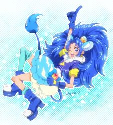 Rule 34 | 10s, 1girl, ;d, ajiko (ajicox), animal ears, arm up, blue background, blue eyes, blue footwear, blue gloves, blue hair, blue shirt, blue skirt, blue theme, blue thighhighs, crown, cure gelato, earrings, extra ears, full body, gloves, highres, jewelry, kirakira precure a la mode, layered skirt, lion ears, lion tail, long hair, looking at viewer, magical girl, mini crown, one eye closed, open mouth, pointing, precure, shirt, shoes, single thighhigh, skirt, smile, solo, tail, tategami aoi, thighhighs, twitter username, white skirt