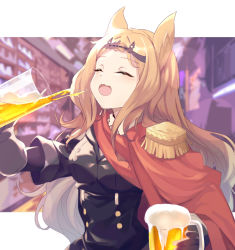 Rule 34 | 1girl, alcohol, archetto (arknights), arknights, beer, beer mug, blonde hair, blush, breasts, cape, commentary request, cup, drinking, dual wielding, epaulettes, closed eyes, feather hair, gloves, highres, holding, long hair, mug, open mouth, red cape, small breasts, solo, tiara, very long hair, yonago miko