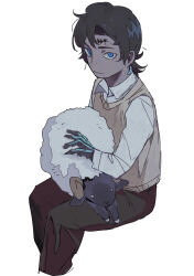 Rule 34 | 1boy, absurdres, animal, animal on lap, black hair, black pants, blue eyes, brown cardigan, cardigan, character request, closed mouth, collared shirt, cropped legs, dark-skinned male, dark skin, earrings, hand up, highres, holding, holding animal, invisible chair, jewelry, long sleeves, looking at viewer, male focus, medium hair, on lap, pants, scp foundation, sheep, shirt, sitting, smile, solo, yulei yuuuuu