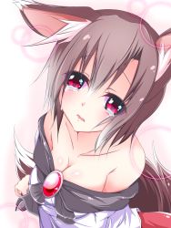 Rule 34 | 1girl, alternate hair length, alternate hairstyle, animal ears, asn s, bad id, bad pixiv id, bare shoulders, blush, breast hold, breasts, brooch, brown hair, circle, cleavage, collarbone, dress, gradient background, highres, imaizumi kagerou, jewelry, leaning forward, long sleeves, looking at viewer, looking up, open mouth, pink background, red eyes, short hair, smile, solo, strapless, strapless dress, tail, tears, touhou, upper body, wolf ears, wolf tail