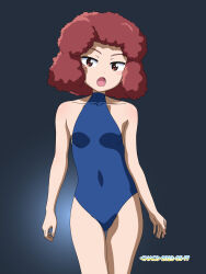 Rule 34 | 1girl, blue one-piece swimsuit, blush, blush stickers, breasts, covered navel, girls und panzer, highres, naotosi, one-piece swimsuit, open mouth, red eyes, red hair, rum (girls und panzer), short hair, small breasts, solo, swimsuit