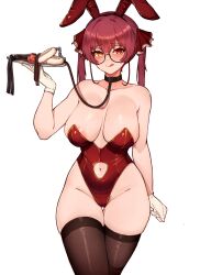 Rule 34 | 1girl, ball gag, bespectacled, black collar, breasts, clothing cutout, collar, fur cuffs, gag, glasses, groin, heterochromia, highleg, highleg leotard, highres, holding, holding tray, hololive, houshou marine, large breasts, leash, leotard, navel, navel cutout, playboy bunny, red eyes, red hair, red leotard, sex toy, simple background, solo, thighhighs, tray, twintails, underwear, underwear only, varniskarnis, virtual youtuber, white background, wiffle gag, yellow eyes