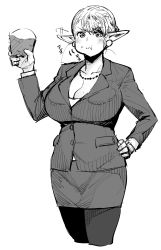 Rule 34 | 1girl, breasts, business suit, cleavage, earrings, elf-san wa yaserarenai., erufuda-san, food, food on face, formal, hand on own hip, highres, hip focus, huge breasts, jewelry, looking at viewer, monochrome, necklace, pantyhose, pointy ears, short hair, simple background, sketch, solo, suit, synecdoche, white background
