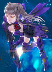 Rule 34 | 1girl, :3, puff of air, armor, armored dress, breasts, cleavage, gun, hair ornament, highres, holding, holding gun, holding weapon, kfr, long hair, mecha musume, original, silver hair, solo, twintails, weapon, yellow eyes