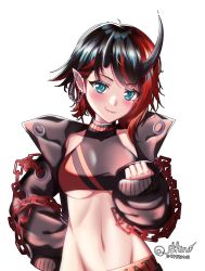 Rule 34 | 1girl, black hair, black jacket, black sports bra, blue eyes, blush, breasts, chain, clenched hand, closed mouth, cropped jacket, demon girl, demon horns, ear chain, ear piercing, earrings, highres, horns, jacket, jewelry, long sleeves, looking at viewer, medium breasts, midriff, multicolored hair, nanashi inc., navel, open clothes, open jacket, piercing, pointy ears, red hair, ryugasaki rene, ryugasaki rene (1st costume), shino299792458, short hair, signature, simple background, smile, solo, sports bra, stud earrings, sugar lyric, two-tone hair, two-tone sports bra, underboob, upper body, virtual youtuber, white background