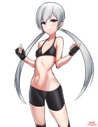 Rule 34 | 1girl, artist name, bad id, bad pixiv id, bike shorts, black bra, black gloves, blush, bra, breasts, closed mouth, closers, cowboy shot, dated, fingerless gloves, gloves, grey background, grey hair, hands up, long hair, looking at viewer, navel, red eyes, signature, simple background, small breasts, solo, surps, sweat, tina (closers), twintails, underwear
