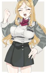 Rule 34 | 1girl, absurdres, ascot, blonde hair, breasts, clenched hand, commentary request, facing viewer, flower, hand on own hip, headgear, highres, kantai collection, kosame (iso), large breasts, long sleeves, military uniform, neck flower, nelson (kancolle), pencil skirt, red ascot, red flower, red rose, rose, skirt, smile, solo, uniform