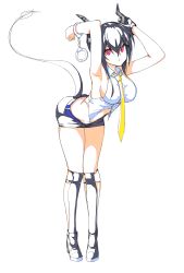 Rule 34 | absurdres, arknights, armpits, black hair, blouse, ch&#039;en (arknights), cuffs, egk513, handcuffs, highres, horns, necktie, red eyes, shirt, short shorts, shorts, simple background, solo, thighs, white background, white shirt, yellow necktie