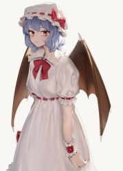 Rule 34 | 1girl, absurdres, bandaid, bandaid on face, bat wings, blush, breasts, brown wings, closed mouth, commentary, dress, english commentary, fingernails, frilled sleeves, frills, goback, hair between eyes, hat, hat ribbon, highres, long fingernails, looking at viewer, mob cap, nail polish, purple hair, red eyes, red nails, red ribbon, remilia scarlet, ribbon, sharp fingernails, short hair, short sleeves, simple background, small breasts, solo, touhou, white background, white dress, white hat, wings, wrist cuffs