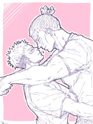 Rule 34 | 2boys, arm around neck, artist request, bara, closed eyes, couple, face-to-face, greyscale with colored background, heart, highres, itadori yuuji, jujutsu kaisen, large pectorals, male focus, motion lines, multiple boys, muscular, muscular male, noses touching, pectorals, pink background, scar, scar across eye, shirt, short hair, sideburns, t-shirt, toudou aoi (jujutsu kaisen), undercut, upper body, yaoi