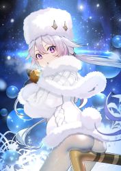 Rule 34 | 1girl, eating, hair between eyes, highres, jacket, long hair, looking back, melonbooks, original, pantyhose, potato, purple eyes, silver hair, sitting, sky, snowing, star (sky), starry sky, tagme, teddy (khanshin), twintails, white jacket, white pantyhose, winter clothes
