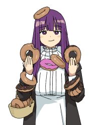 Rule 34 | 1girl, basket, blush, breasts, closed mouth, commentary request, doughnut, fern (sousou no frieren), food, food on head, highres, holding, holding basket, holding food, large breasts, long hair, long sleeves, looking at viewer, momo no suidou-sui, object on head, purple eyes, purple hair, robe, simple background, smile, solo, sousou no frieren, standing, white background