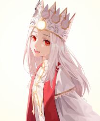 Rule 34 | 1girl, absurdres, crown, dress, drid, fate/stay night, fate (series), heaven&#039;s feel, highres, illyasviel von einzbern, illyasviel von einzbern (dress of heaven), long hair, open mouth, red eyes, solo, stole, twitter username, upper body, white dress, white hair