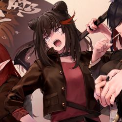 Rule 34 | 3girls, animal ears, arknights, axe, bear ears, belt, black belt, black choker, black hair, black jacket, black nails, choker, commentary request, fangs, grey eyes, head tilt, holding, holding axe, holding weapon, ink., jacket, long hair, long sleeves, multicolored hair, multiple girls, myrtle (arknights), nail polish, open clothes, open jacket, open mouth, over shoulder, red hair, red shirt, shirt, streaked hair, texas (arknights), upper body, weapon, weapon over shoulder, zima (arknights)