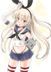 Rule 34 | 1girl, anchor hair ornament, black hairband, black neckerchief, black panties, blonde hair, blue sailor collar, blue skirt, commentary request, crop top, elbow gloves, gloves, grey eyes, hair ornament, hairband, highleg, highleg panties, kantai collection, kitagawa mikio, long hair, microskirt, miniskirt, neckerchief, one-hour drawing challenge, panties, pleated skirt, rensouhou-chan, sailor collar, shimakaze (kancolle), simple background, skirt, striped clothes, striped thighhighs, thighhighs, underwear, white background, white gloves