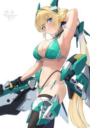 Rule 34 | 1girl, absurdres, arm behind head, arm up, armor, armpits, bikini, bikini armor, black thighhighs, blonde hair, blue eyes, blush, breasts, cleavage, closed mouth, green armor, green bikini, hair ornament, headgear, highleg, highleg bikini, highres, holding, holding weapon, large breasts, long hair, looking at viewer, low twintails, mecha musume, nandarobium, navel, original, science fiction, simple background, solo, stomach, swimsuit, thigh armor, thighhighs, twintails, v-shaped eyebrows, weapon, white armor, white background