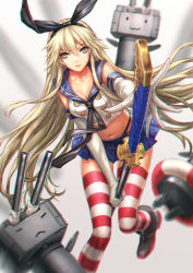 Rule 34 | 10s, 1girl, bare shoulders, blonde hair, brown eyes, chromatic aberration, elbow gloves, gloves, infukun, kantai collection, katana, lifebuoy, midriff, navel, rensouhou-chan, ribbon, shimakaze (kancolle), skirt, solo, striped clothes, striped thighhighs, swim ring, sword, thighhighs, weapon