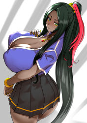 Rule 34 | 1girl, absurdres, alternate costume, black hair, blue shirt, breasts, cleavage, collared shirt, covered erect nipples, curvy, dark-skinned female, dark skin, fate/grand order, fate (series), from behind, green eyes, hair ornament, hand on own chest, high ponytail, highres, huge breasts, jewelry, long hair, miniskirt, nail polish, necklace, parted lips, pleated skirt, ring, scheherazade (fate), school uniform, shirt, short sleeves, sidelocks, skirt, solo, standing, thighs, uc (91776165), uniform, very long hair, wristband, yellow nails